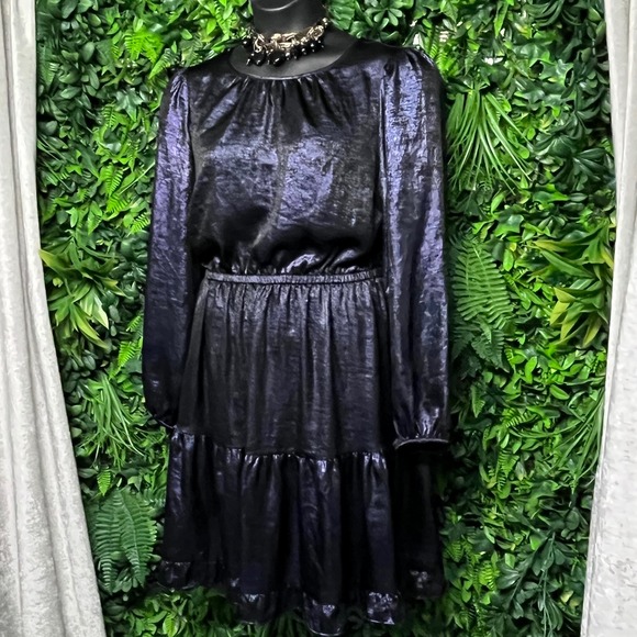 Lane Bryant Dress 14 Black Purple Metallic Long Sleeve Tiered Boho Cocktail 3024 - Picture 1 of 8